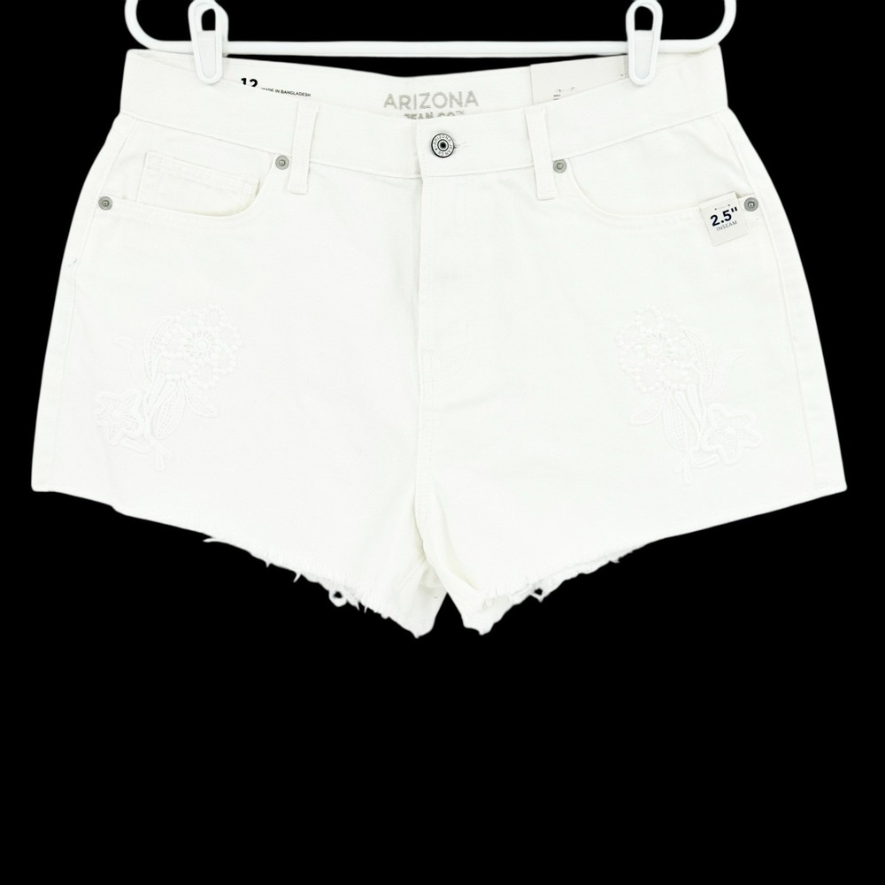 Arizona Jean Women White High Rise Denim Shorts Embroidered Frayed Hem Sz 12 NWT